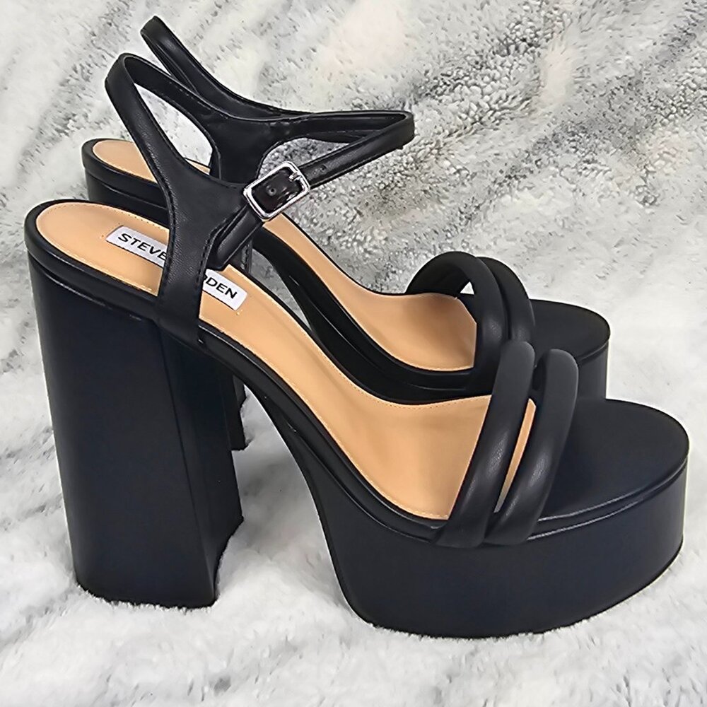 Steve Madden Size 10 Black Platform Block Heel Sandals Puffy Straps